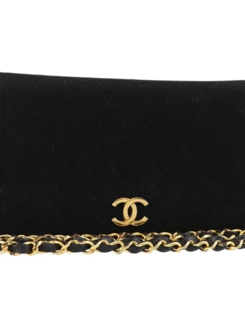 CHANEL Matelasse Chain Shoulder Bag Cotton Black Gold CC Auth 184947